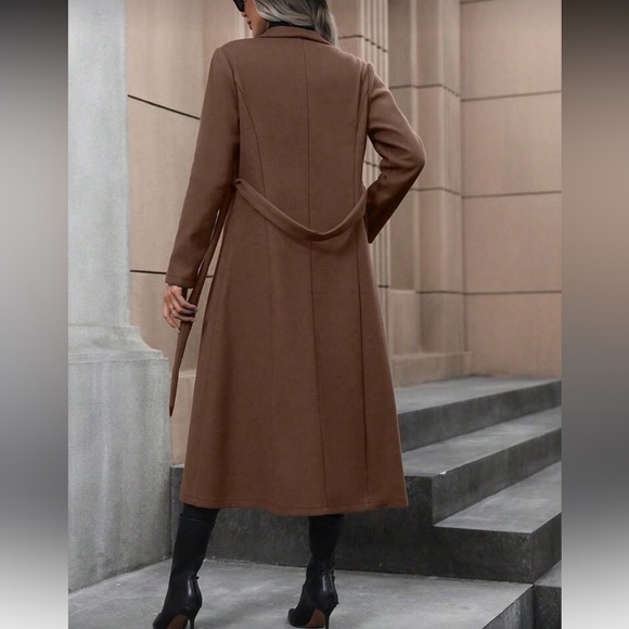 Double breasted belted pea coat dark brown preppy classic jacket - Picture 3 of 4